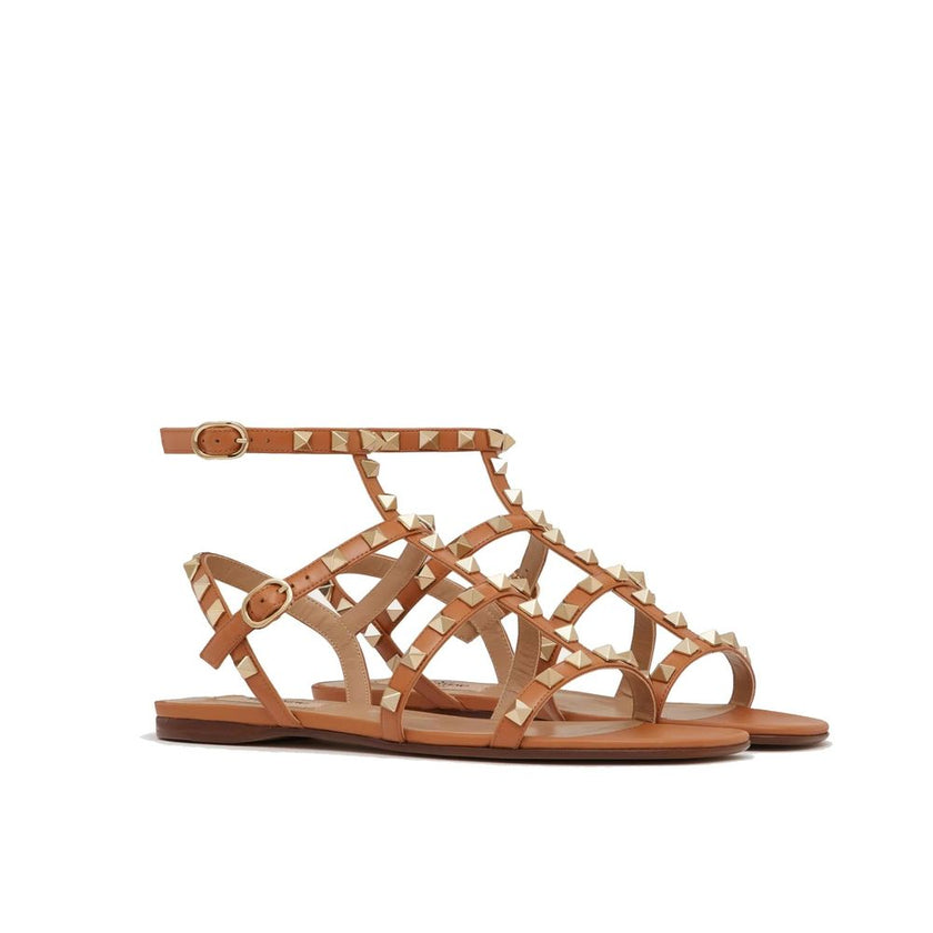 Valentino Garavani Brown Leather Flat Sandals Valentino Garavani
