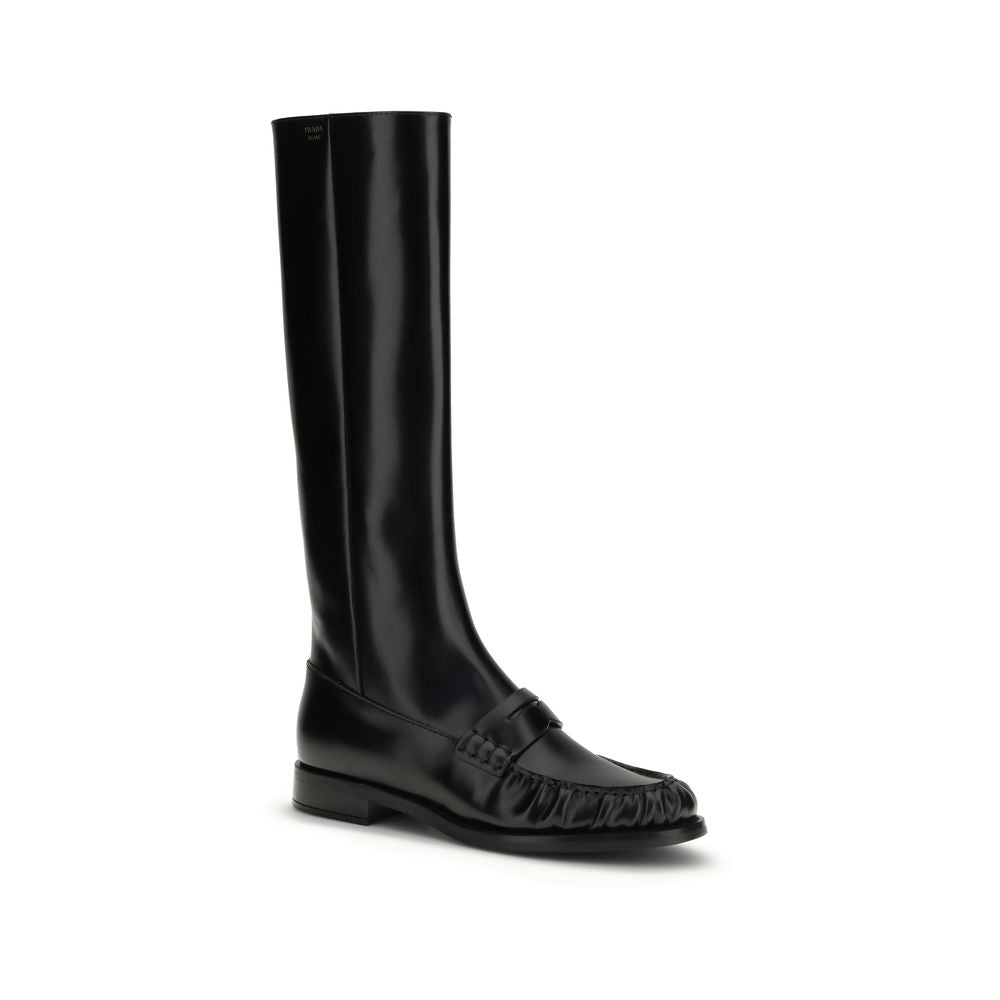 Prada Black Calf Leather Bos Taurus Flat Boots Prada