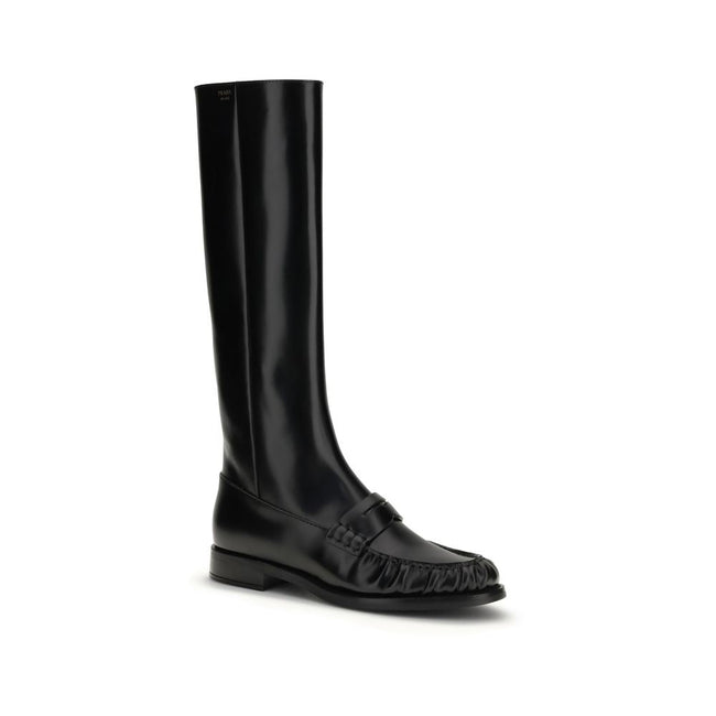 Prada Black Calf Leather Bos Taurus Flat Boots Prada