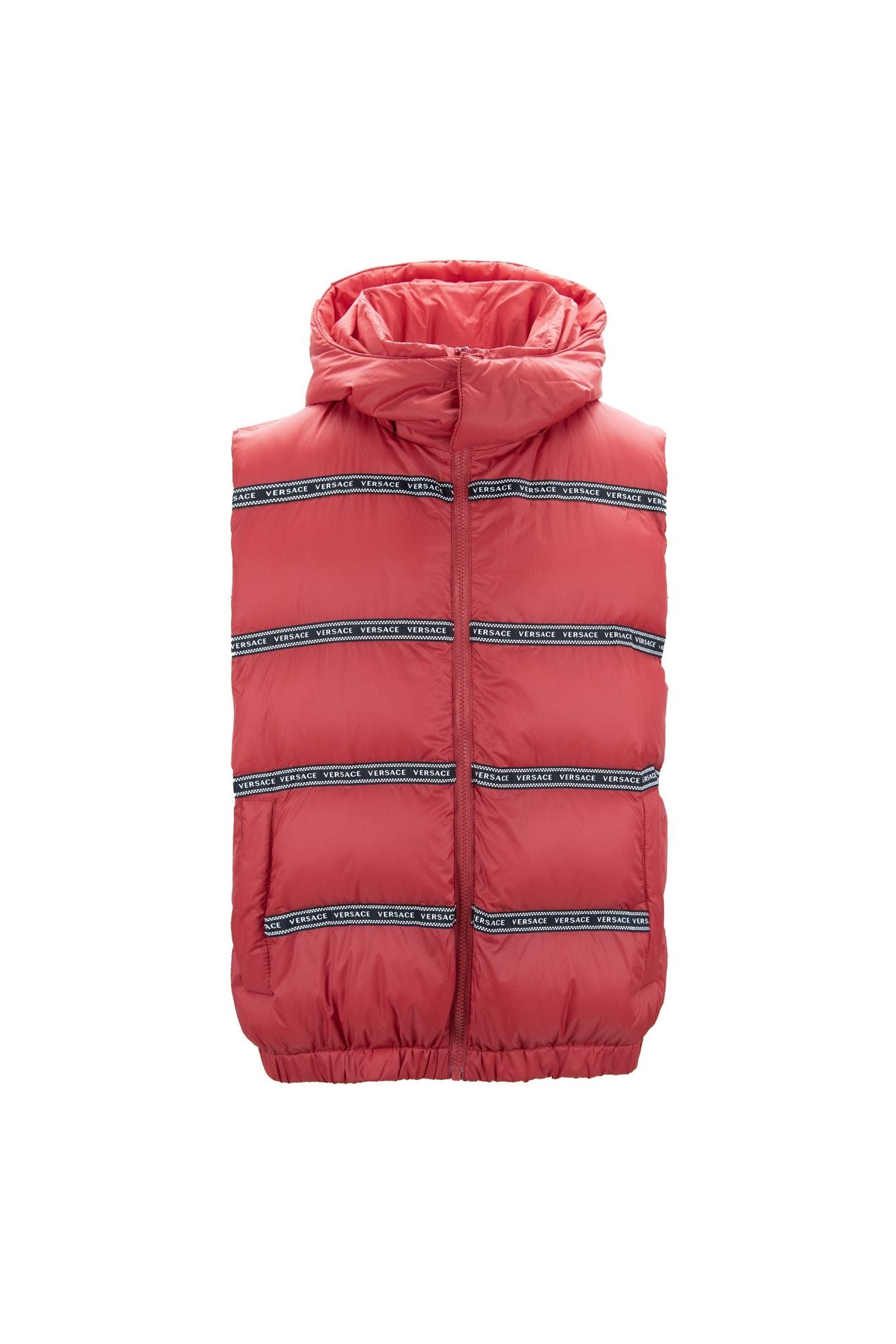 Elegant Red Versace Logo Vest with Detachable Hood Versace