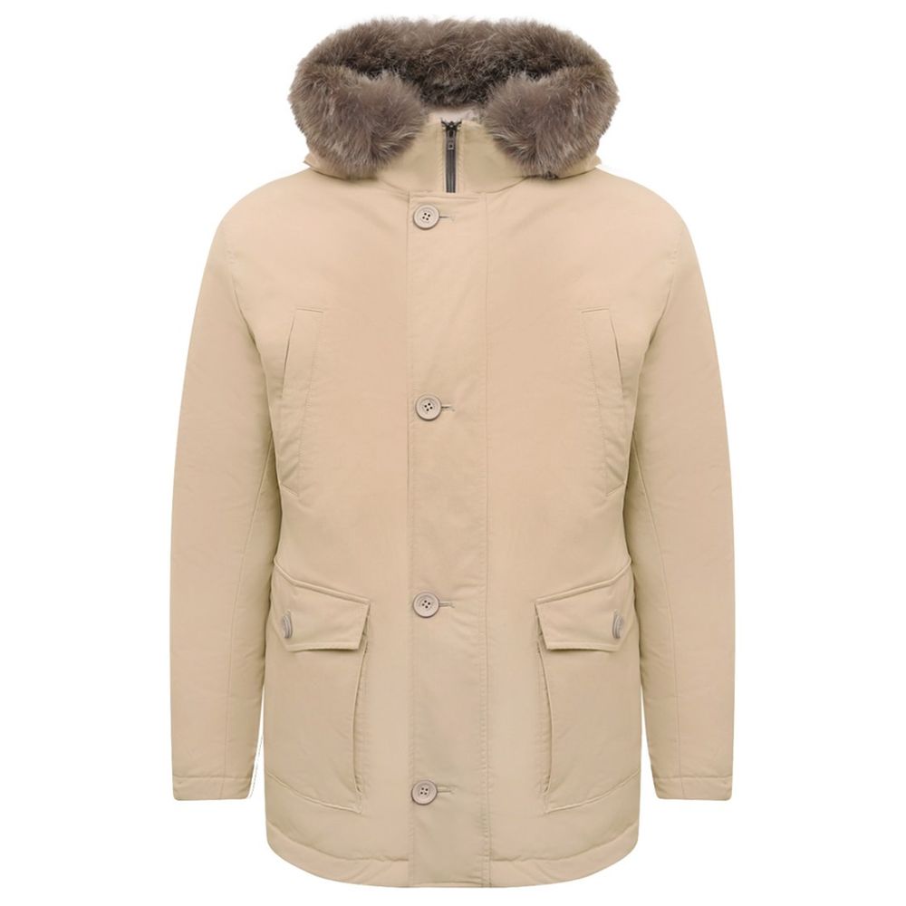 Herno Beige Nylon Men Jacket with Fur-Trimmed Hood Herno