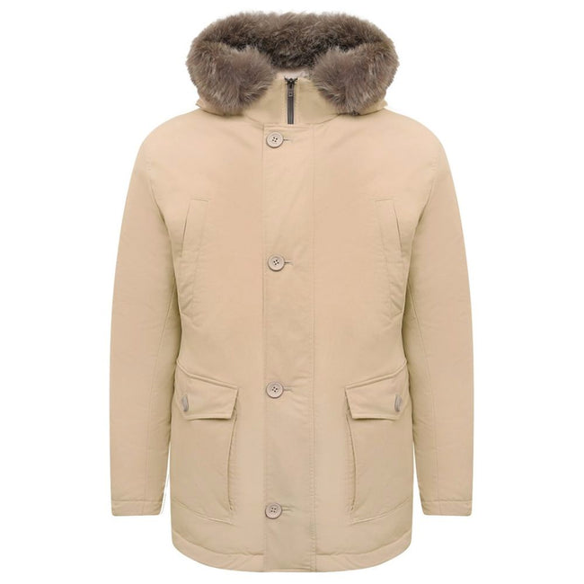 Herno Beige Nylon Men Jacket with Fur-Trimmed Hood Herno