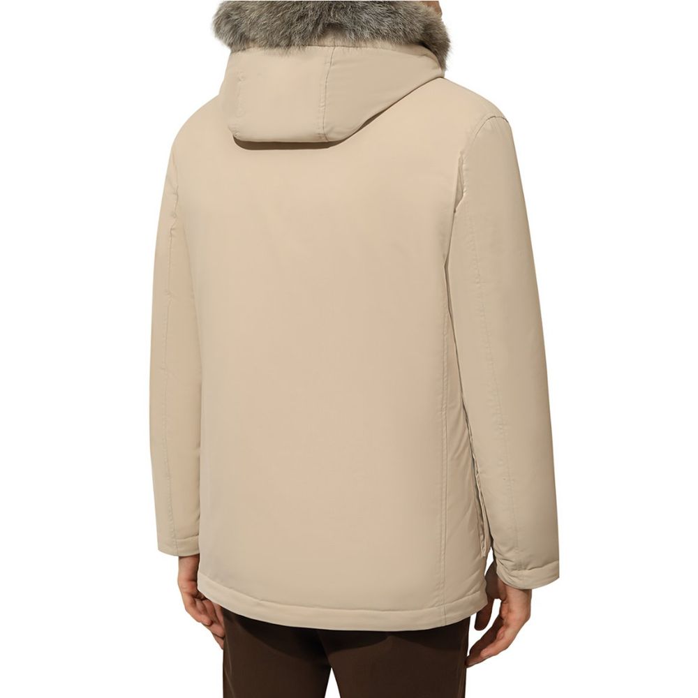 Herno Beige Nylon Men Jacket with Fur-Trimmed Hood Herno