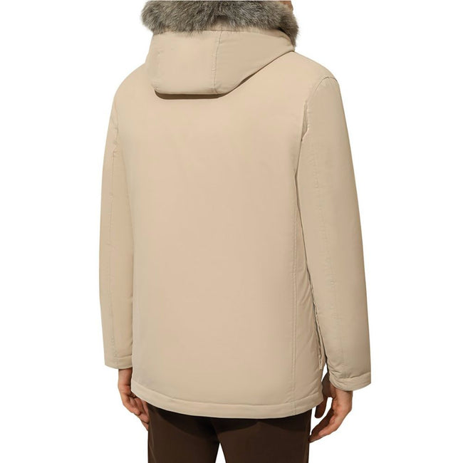 Herno Beige Nylon Men Jacket with Fur-Trimmed Hood Herno