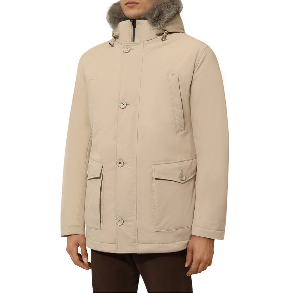 Herno Beige Nylon Men Jacket with Fur-Trimmed Hood Herno