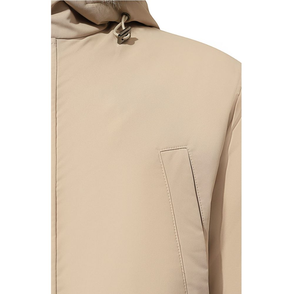 Herno Beige Nylon Men Jacket with Fur-Trimmed Hood Herno