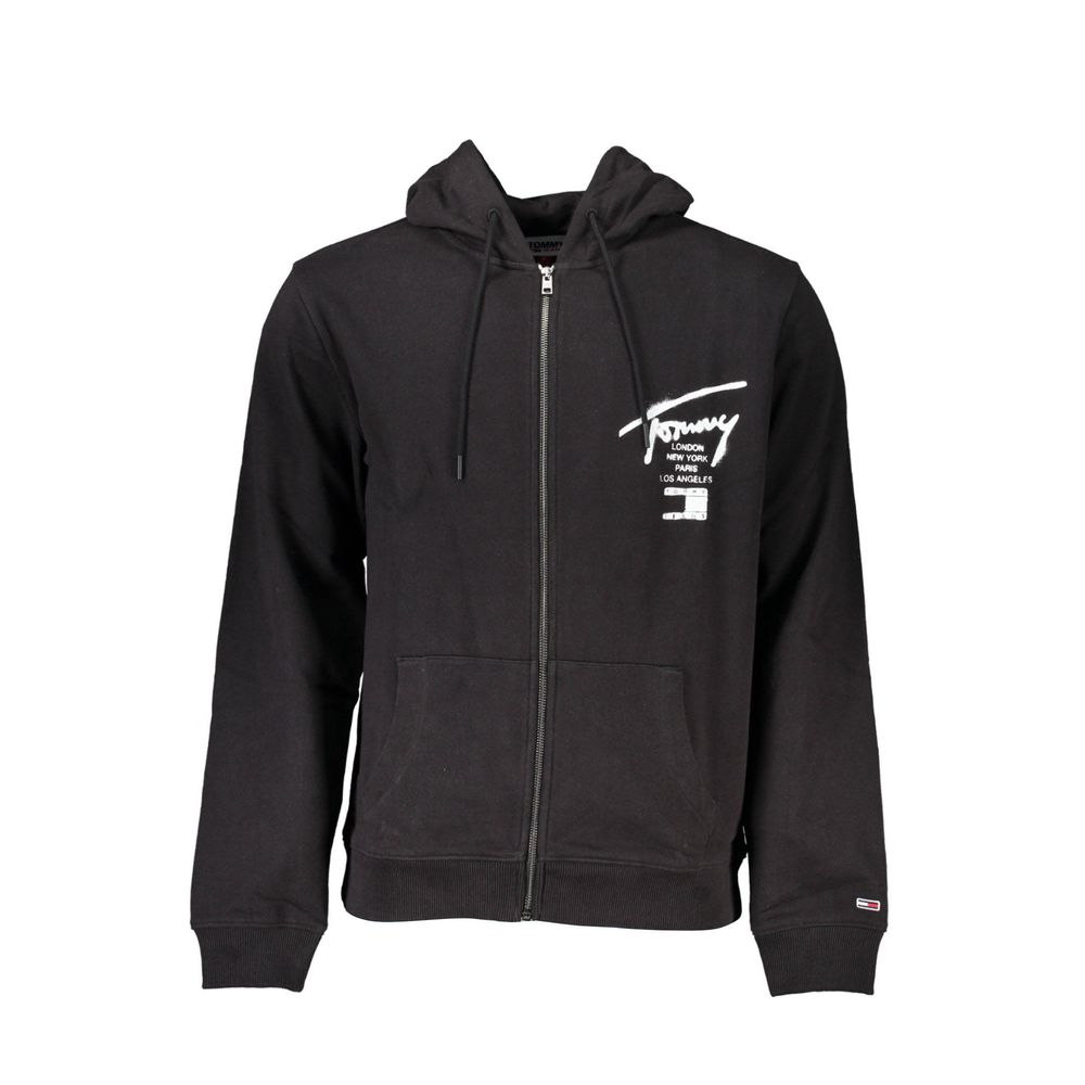 Tommy Hilfiger Black Cotton Men Sweater with Hood and Zip Pockets Tommy Hilfiger