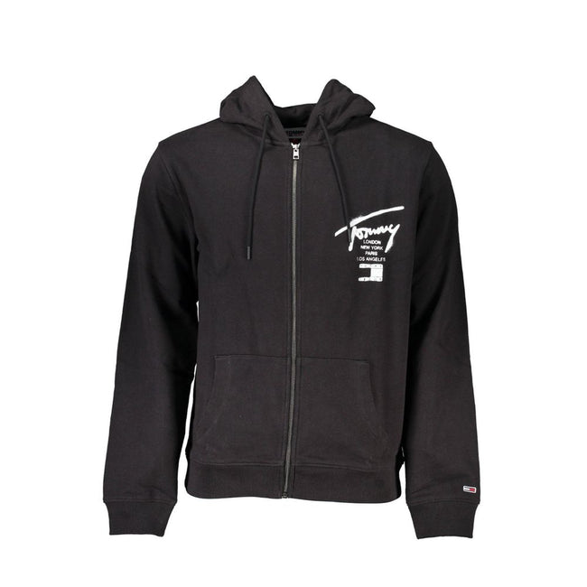 Tommy Hilfiger Black Cotton Men Sweater with Hood and Zip Pockets Tommy Hilfiger