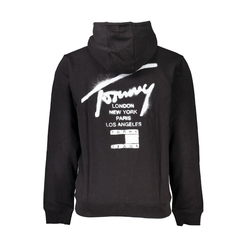 Tommy Hilfiger Black Cotton Men Sweater with Hood and Zip Pockets Tommy Hilfiger