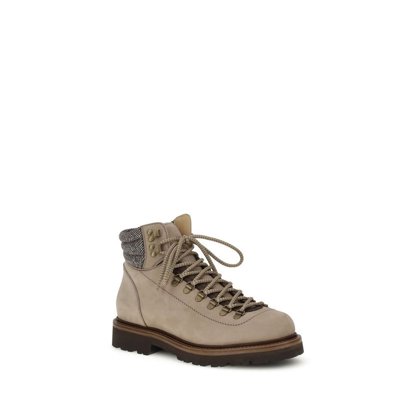 Brunello Cucinelli Beige Calf Leather Bos Taurus Lace-Up Boots Brunello Cucinelli