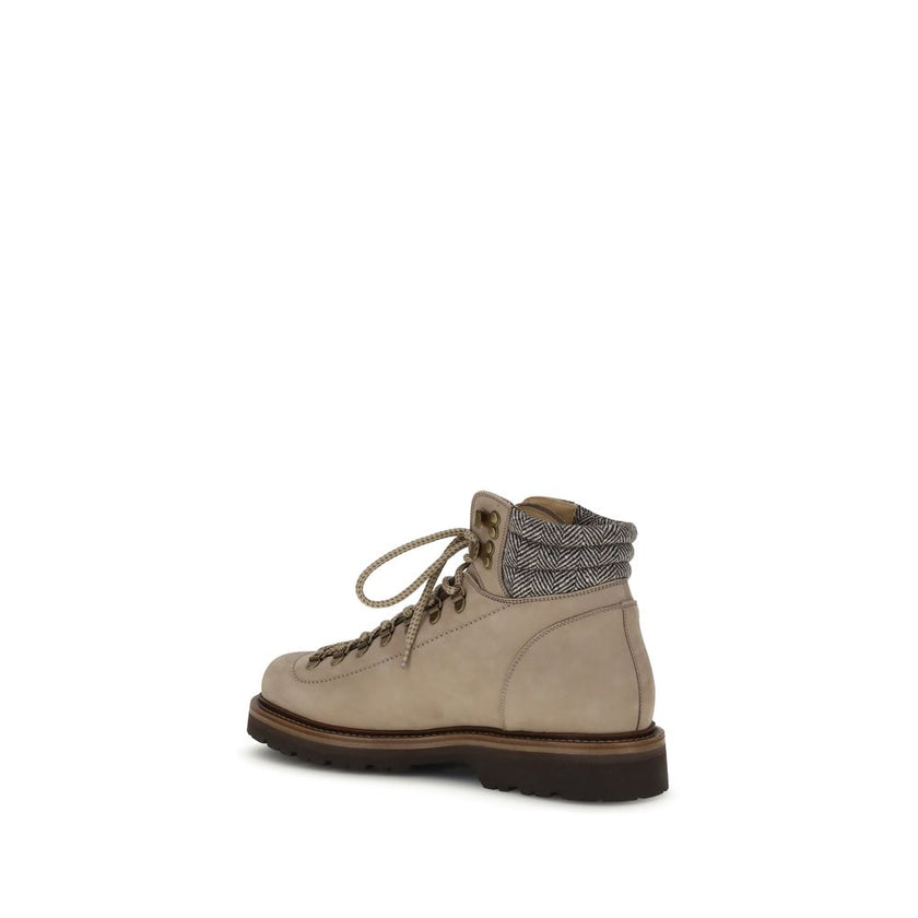 Brunello Cucinelli Beige Calf Leather Bos Taurus Lace-Up Boots Brunello Cucinelli