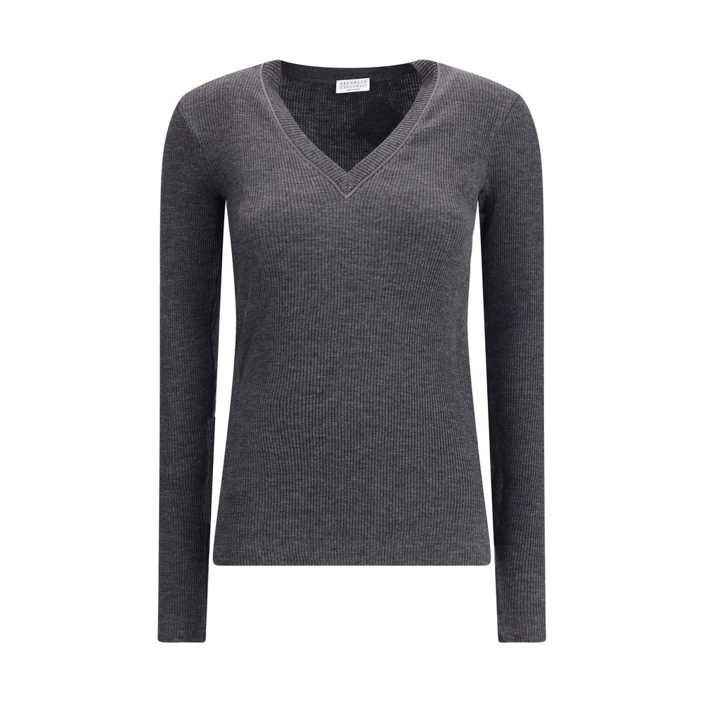 Brunello Cucinelli Long sleeve wool ribbed jersey T-shirt with shiny trim Brunello Cucinelli