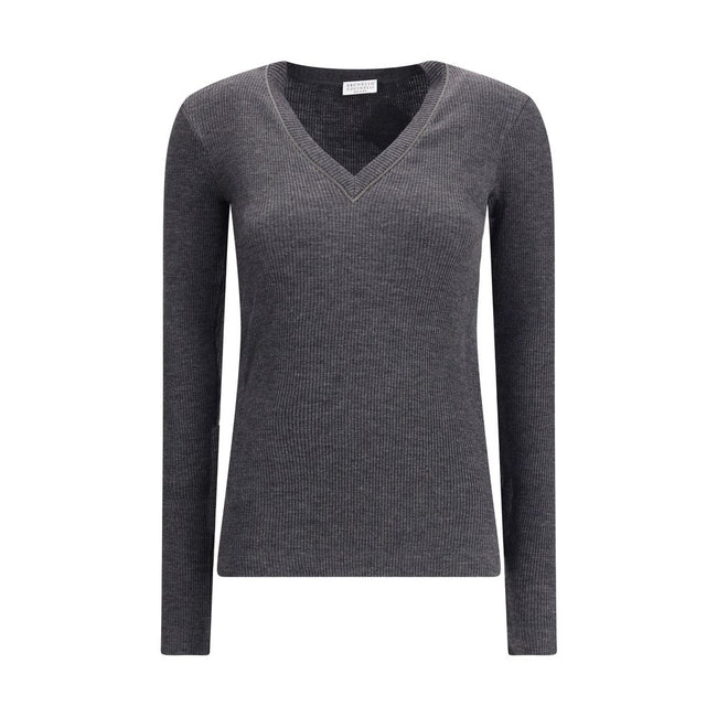 Brunello Cucinelli Long sleeve wool ribbed jersey T-shirt with shiny trim Brunello Cucinelli