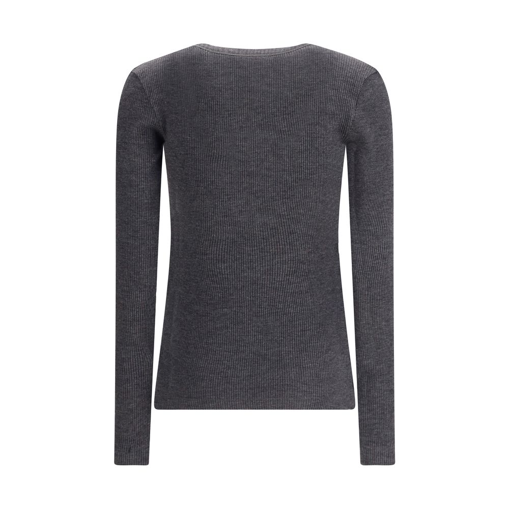 Brunello Cucinelli Long sleeve wool ribbed jersey T-shirt with shiny trim Brunello Cucinelli