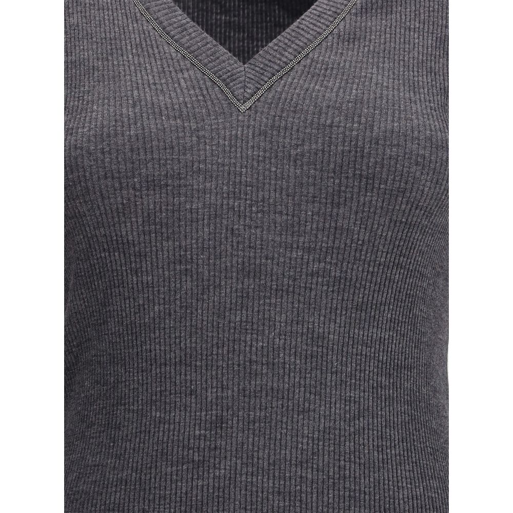 Brunello Cucinelli Long sleeve wool ribbed jersey T-shirt with shiny trim Brunello Cucinelli
