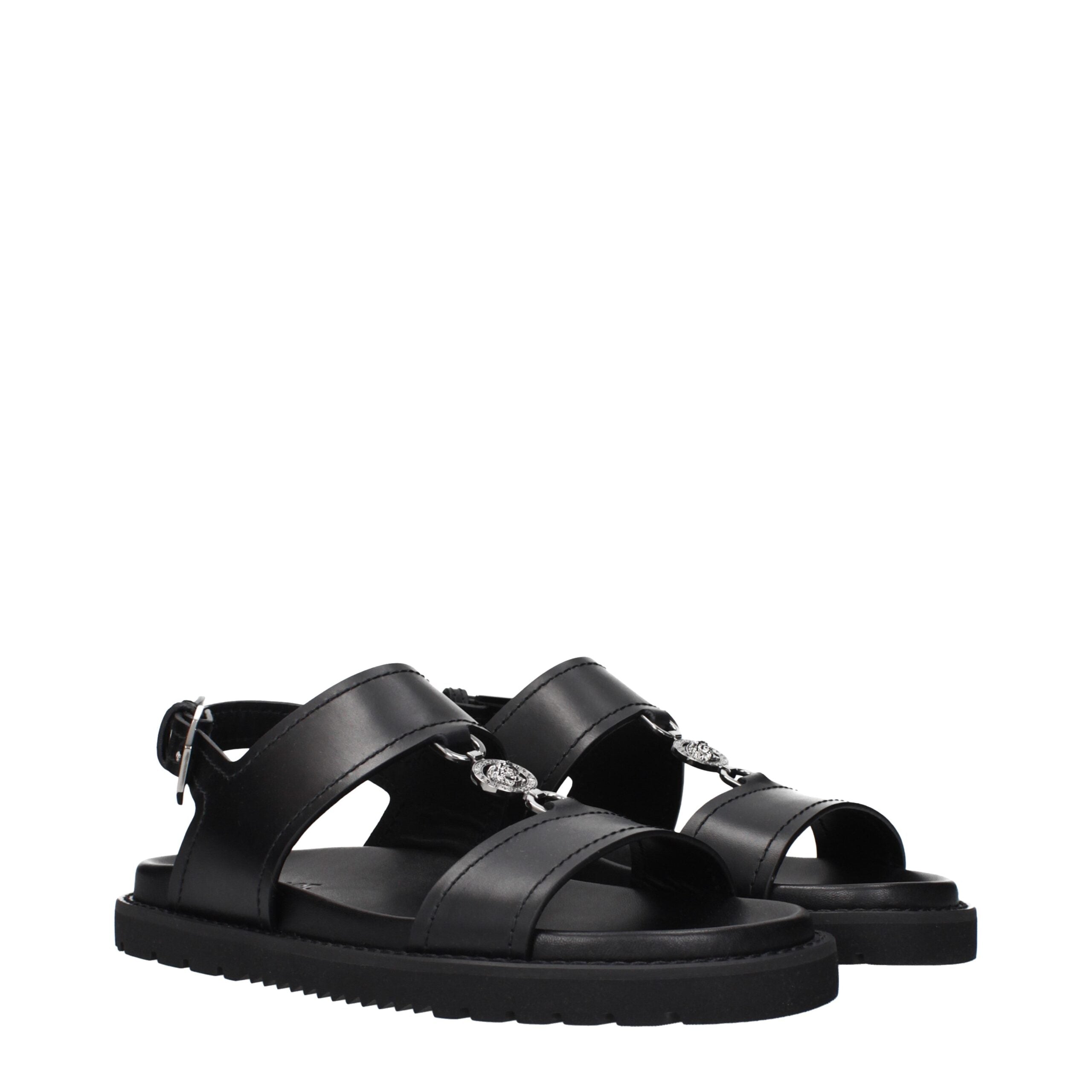 Versace Black Leather Flat Sandals Versace