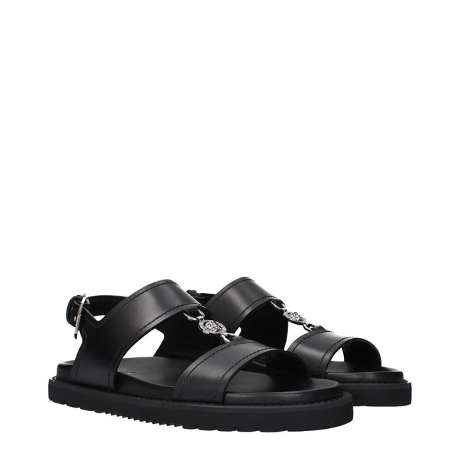 Versace Black Leather Flat Sandals Versace