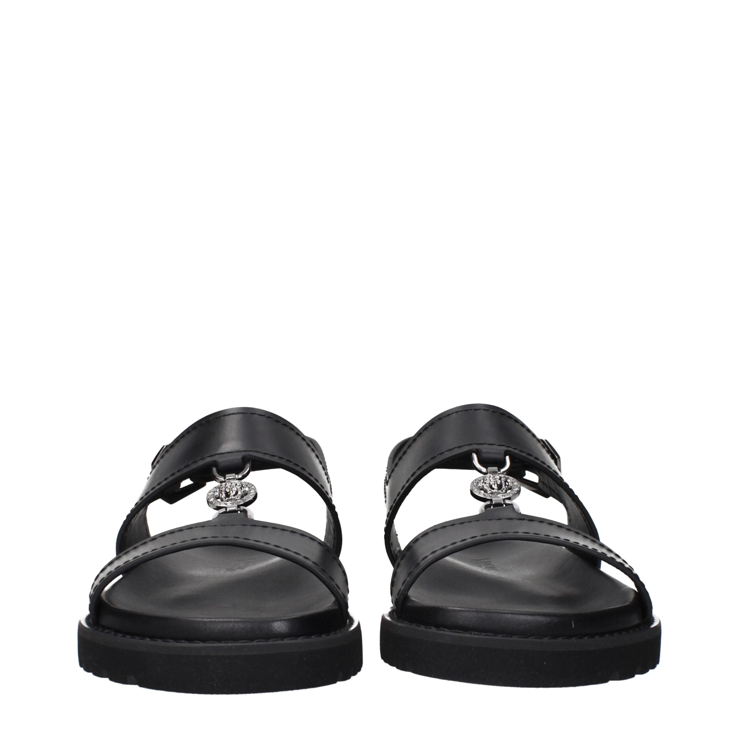 Versace Black Leather Flat Sandals Versace