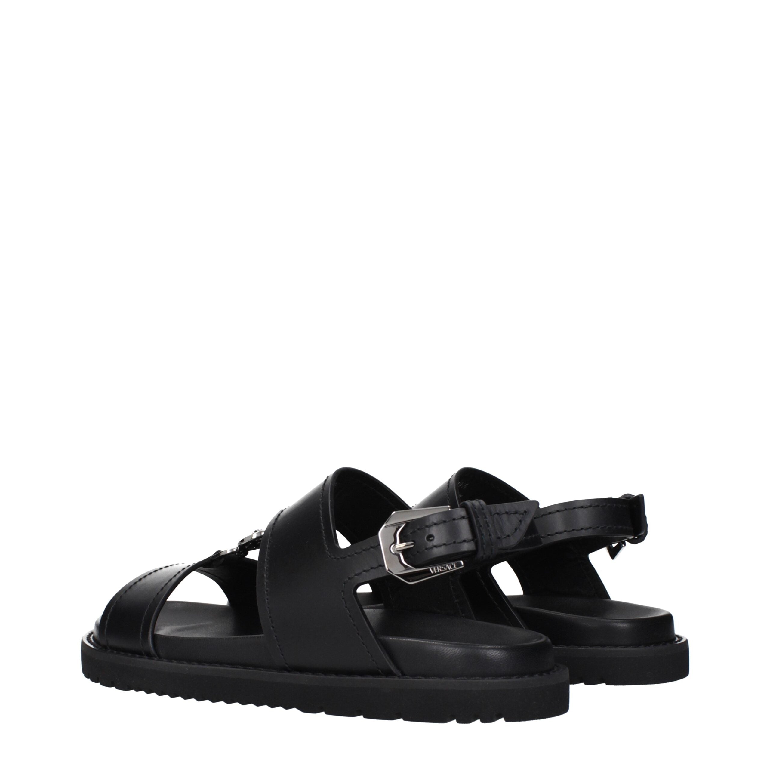 Versace Black Leather Flat Sandals Versace