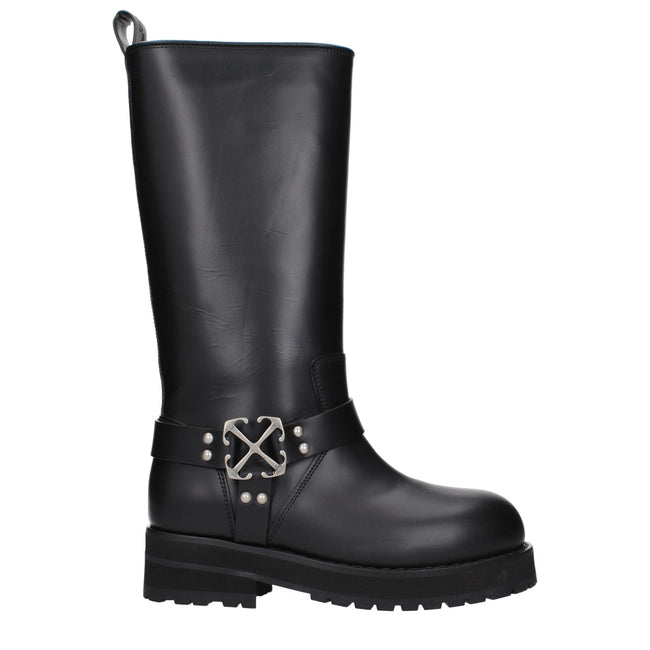 Off-White Black Leather Flat Boots Off-White