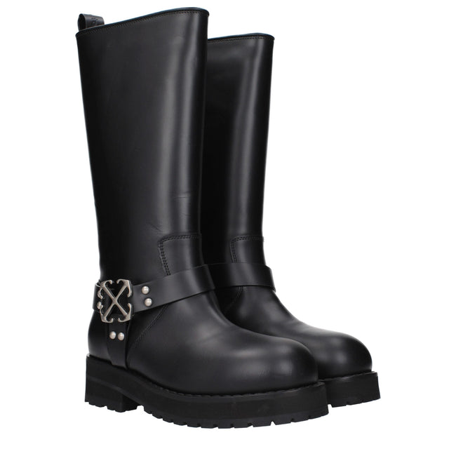 Off-White Black Leather Flat Boots Off-White