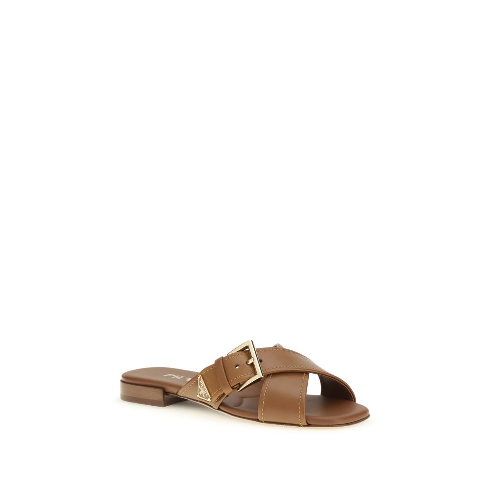 Prada Brown Calf Leather Bos Taurus Flat Sandals Prada