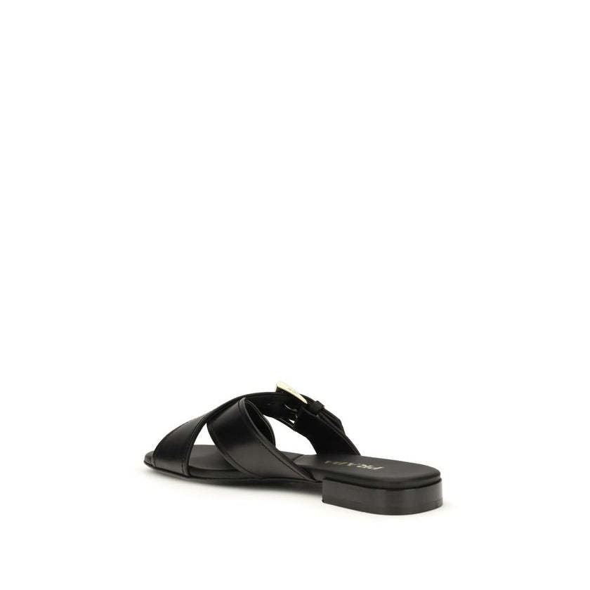Prada Black Calf Leather Bos Taurus Flat Sandals Prada